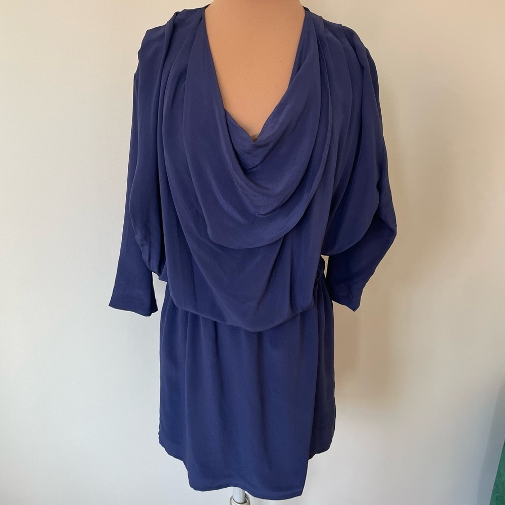 GESTUZ Gree Cowl Neck Blouson Blue Washable Silk 3/4 Sleeve Mini Dress Sz 36/6